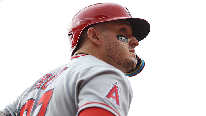 Angels outfielder Mike Trout (27) looks on during the first inning Saturday against the Baltimore Orioles at Oriole Park at Camden Yards. 
