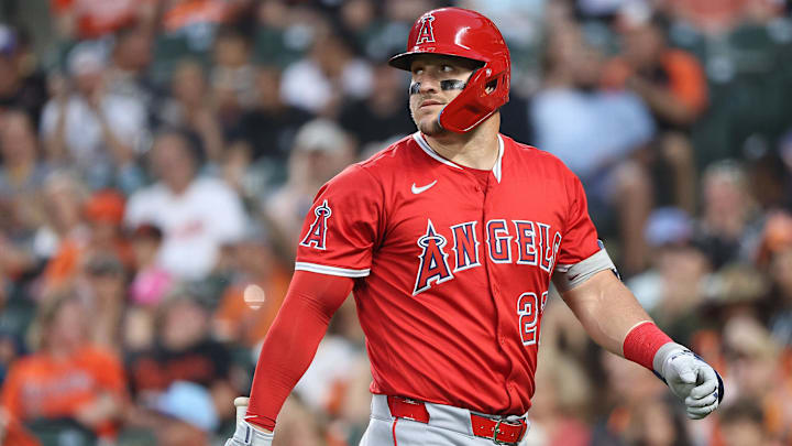 Jun 13, 2025; Baltimore, Maryland, USA; Los Angeles Angels outfielder Mike Trout (27) strikes out during the first inning against the Baltimore Orioles at Oriole Park at Camden Yards. Mandatory Credit: Daniel Kucin Jr.-Imagn Images