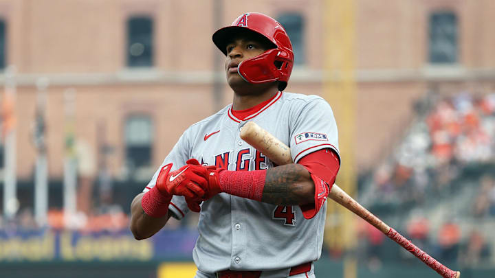 Jun 14, 2025; Baltimore, Maryland, USA; Los Angeles Angels second baseman Christian Moore (4) looks on during the second inning against the Baltimore Orioles at Oriole Park at Camden Yards. Mandatory Credit: Daniel Kucin Jr.-Imagn Images