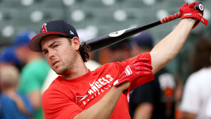 Angels second baseman Scott Kingery (13) warms up before a game against the Baltimore Orioles at Oriole Park at Camden Yards on June 14.