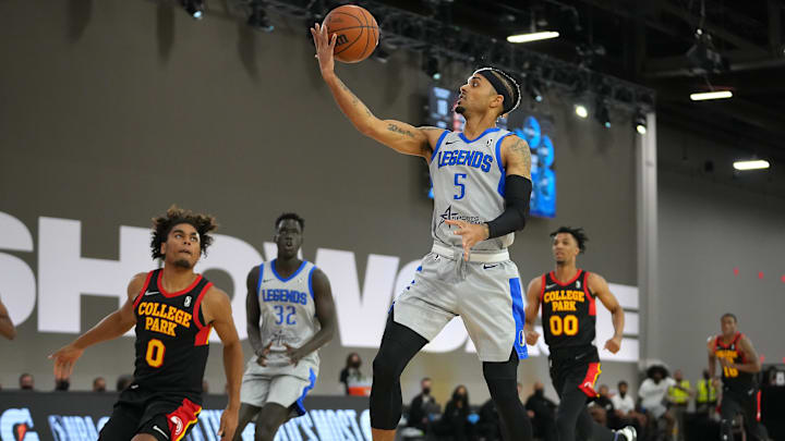 Dec 22, 2021; Las Vegas, NV, USA; Texas Legends guard Brandon Fields (5) makes a pass during the first quarter against the College Park Skyhawks at Mandalay Bay Convention Center. Mandatory Credit: Stephen R. Sylvanie-Imagn Images