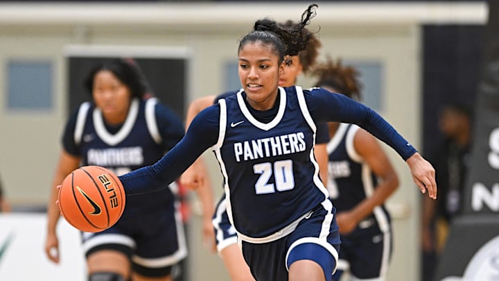 Apr 6, 2023; Washington, DC, USA; Dr. Phillips (FL) guard Anilys Rolon(20) dribbles the ball during the first quarter against Centennial (NV) at Georgetown University. Mandatory Credit: Reggie Hildred-Imagn Images