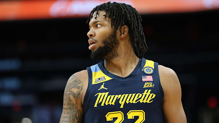 Mar 1, 2025; Washington, District of Columbia, USA; Marquette Golden Eagles forward David Joplin (23) looks on during the first half against the Georgetown Hoyas at Capital One Arena. Mandatory Credit: Daniel Kucin Jr.-Imagn Images