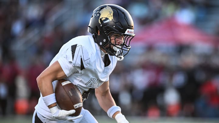 Franklin wide receiver Nolan Hahn (5) runs for a touchdown after a catch against Kenosha Bradford in a game Friday, September 26, 2025, at Bradford High School in Kenosha, Wisconsin.