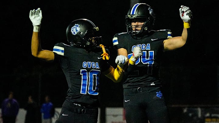 CVCA celebrates their fifth touchdown against NDCL, Oct. 10, 2025, in Cuyahoga Falls, Ohio.