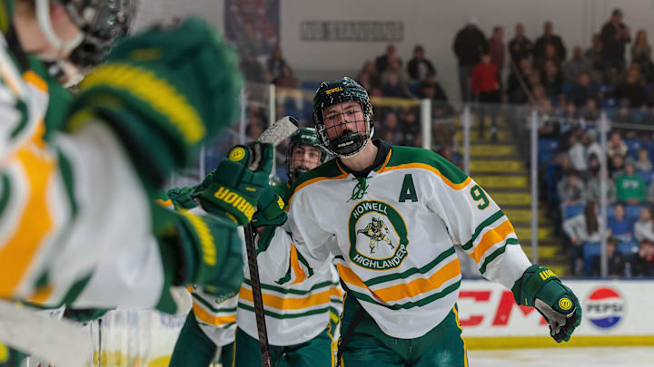 Howell's Luke Storm (9) celebrates the Highlanders' second goal of the night during an overtime victory against Salem Friday, March 7, 2025 at USA Hockey Arena. Howell's Luke Storm (9) celebrates the Highlanders' second goal of the night during an overtime victory against Salem Friday, March 7, 2025 at USA Hockey Arena.