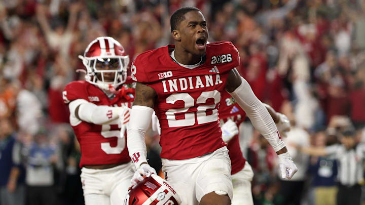 Jan 19, 2026; Miami Gardens, FL, USA; Indiana Hoosiers defensive back Jamari Sharpe (22) reacts after getting  an interception against the Miami Hurricanes in the second half during the College Football Playoff National Championship game at Hard Rock Stadium. Mandatory Credit: Nathan Ray Seebeck-Imagn Images