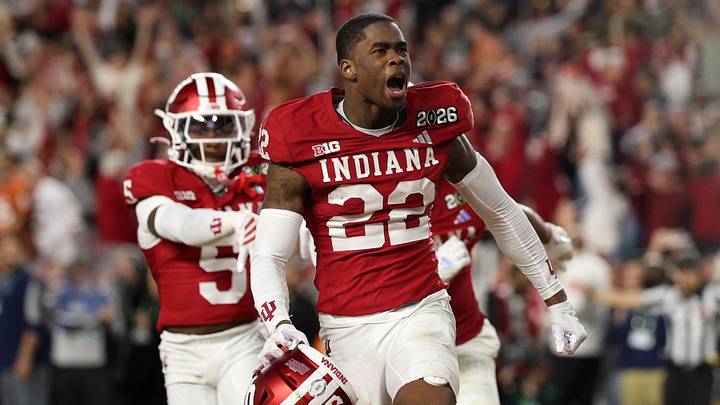 Jan 19, 2026; Miami Gardens, FL, USA; Indiana Hoosiers defensive back Jamari Sharpe (22) reacts after getting an interception against the Miami Hurricanes in the second half during the College Football Playoff National Championship game at Hard Rock Stadium. Mandatory Credit: Nathan Ray Seebeck-Imagn Images Jan 19, 2026; Miami Gardens, FL, USA; Indiana Hoosiers defensive back Jamari Sharpe (22) reacts after getting an interception against the Miami Hurricanes in the second half during the College Football Playoff National Championship game at Hard Rock Stadium. Mandatory Credit: Nathan Ray Seebeck-Imagn Images