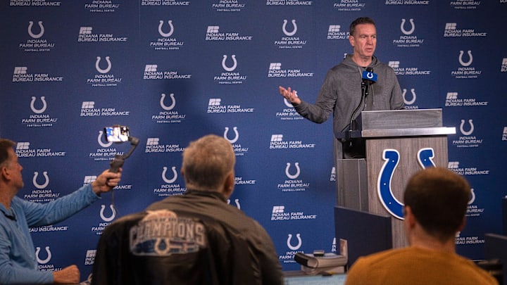 New Indianapolis Colts Defensive Coordinator Lou Anarumo speaks during a press conference Thursday, Jan. 23, 2025 at the Colts practice facility, the Indiana Farm Bureau Football Center. New Indianapolis Colts Defensive Coordinator Lou Anarumo speaks during a press conference Thursday, Jan. 23, 2025 at the Colts practice facility, the Indiana Farm Bureau Football Center.