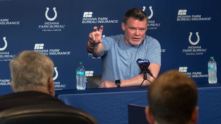 Indianapolis Colts General Manager Chris Ballard speaks to the press in a pre-draft press conference Monday, April 21, 2025 at the Colts headquarters, the Indiana Farm Bureau Football Center.