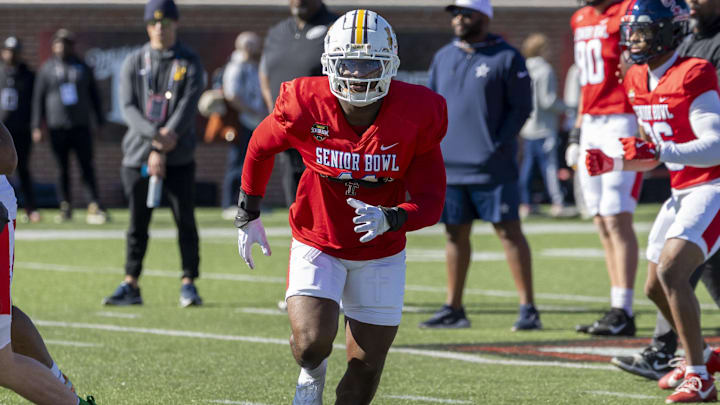 Jan 28, 2026; Mobile, AL, USA; National Team outside linebacker Nadame Tucker (11) of Western Michigan practices during National Senior Bowl practice at Hancock Whitney Stadium. Jan 28, 2026; Mobile, AL, USA; National Team outside linebacker Nadame Tucker (11) of Western Michigan practices during National Senior Bowl practice at Hancock Whitney Stadium.