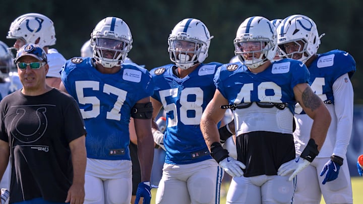 Indianapolis Colts’ linebackers, including Jaylon Carlies (#57), Austin Ajiake (#58) and Joe Bachie (#48), gather for drills during Colts Camp at Grand Park Sports Campus, Tuesday, July 29, 2025 in Westfield.
