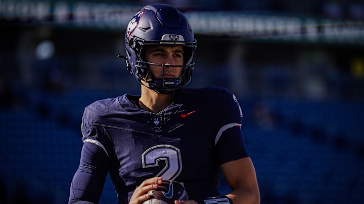 Nov 15, 2025; East Hartford, Connecticut, USA; UConn Huskies quarterback Joe Fagnano (2) warms up before the start of the game against the Air Force Falcons at Pratt & Whitney Stadium at Rentschler Field. Mandatory Credit: David Butler II-Imagn Images
