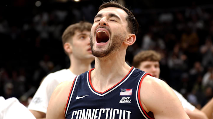 Jan 17, 2026; Washington, District of Columbia, USA; The UConn Huskies forward Alex Karaban (11) reacts before a game against the Georgetown Hoyas at Capital One Arena. Mandatory Credit: Daniel Kucin Jr.-Imagn Images