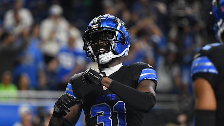 Sep 30, 2024; Detroit, Michigan, USA; Detroit Lions safety Kerby Joseph (31) celebrates after intercepting a pass against the Seattle Seahawks in the fourth quarter at Ford Field. Mandatory Credit: Eamon Horwedel-Imagn Images Sep 30, 2024; Detroit, Michigan, USA; Detroit Lions safety Kerby Joseph (31) celebrates after intercepting a pass against the Seattle Seahawks in the fourth quarter at Ford Field. Mandatory Credit: Eamon Horwedel-Imagn Images