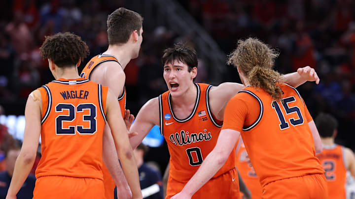 Mar 26, 2026; Houston, TX, USA; Illinois Fighting Illini forward David Mirkovic (0) reacts against the Houston Cougars in the first half during a Sweet Sixteen game of the South Regional of the men's 2026 NCAA Tournament at Toyota Center. Mandatory Credit: Troy Taormina-Imagn Images