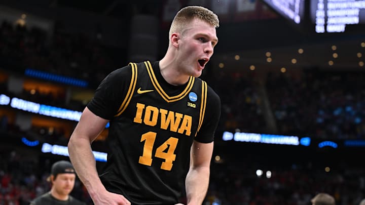 Mar 26, 2026; Houston, TX, USA;Iowa Hawkeyes guard Bennett Stirtz (14) reacts after beating the Nebraska Cornhuskers during a Sweet Sixteen game of the South Regional of the men's 2026 NCAA Tournament at Toyota Center. Mandatory Credit: Maria Lysaker-Imagn Images