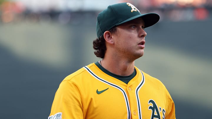 Aug 8, 2025; Baltimore, Maryland, USA; Athletics first baseman Nick Kurtz (16) looks on before a game against the Baltimore Orioles at Oriole Park at Camden Yards. Mandatory Credit: Daniel Kucin Jr.-Imagn Images Aug 8, 2025; Baltimore, Maryland, USA; Athletics first baseman Nick Kurtz (16) looks on before a game against the Baltimore Orioles at Oriole Park at Camden Yards. Mandatory Credit: Daniel Kucin Jr.-Imagn Images