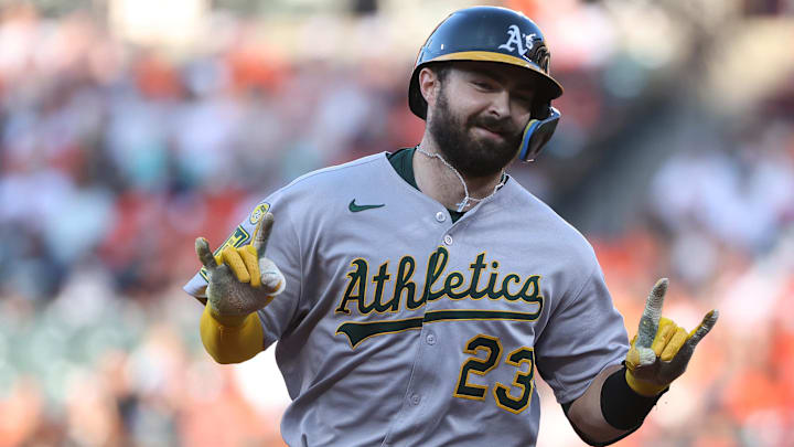 Aug 9, 2025; Baltimore, Maryland, USA; Athletics catcher Shea Langeliers (23) celebrates after hitting a home run during the first inning against the Baltimore Orioles at Oriole Park at Camden Yards. Mandatory Credit: Daniel Kucin Jr.-Imagn Images Aug 9, 2025; Baltimore, Maryland, USA; Athletics catcher Shea Langeliers (23) celebrates after hitting a home run during the first inning against the Baltimore Orioles at Oriole Park at Camden Yards. Mandatory Credit: Daniel Kucin Jr.-Imagn Images
