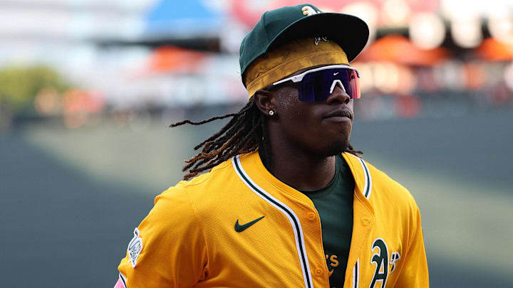 Aug 8, 2025; Baltimore, Maryland, USA; Athletics outfielder Lawrence Butler (4) looks on before a game against the Baltimore Orioles at Oriole Park at Camden Yards. Mandatory Credit: Daniel Kucin Jr.-Imagn Images Aug 8, 2025; Baltimore, Maryland, USA; Athletics outfielder Lawrence Butler (4) looks on before a game against the Baltimore Orioles at Oriole Park at Camden Yards. Mandatory Credit: Daniel Kucin Jr.-Imagn Images