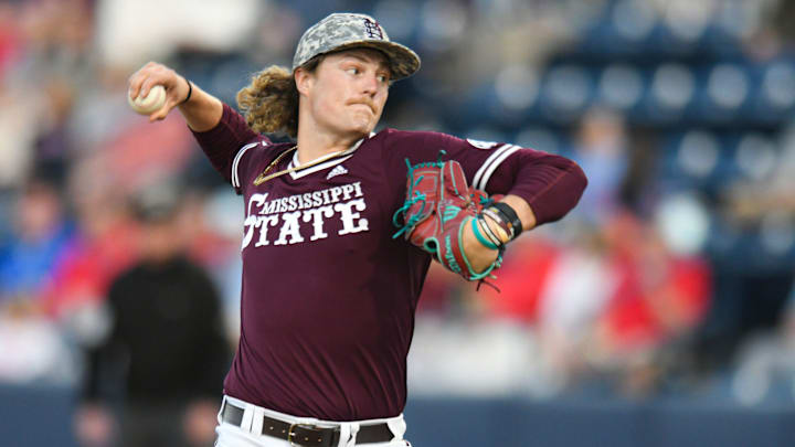 Mississippi State pitcher Khal Stephen (14) pitches against Ole Miss at Swayze Field in Oxford, Miss., on Friday, Apr. 12, 2024.