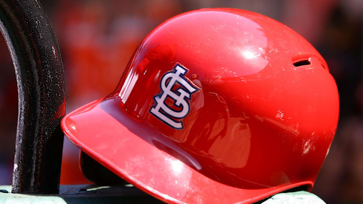 Apr 14, 2016; St. Louis, MO, USA; A St. Louis Cardinals batting helmet sits on a step during a game against the Milwaukee Brewers at Busch Stadium. The Cardinals won the game 7-0. Mandatory Credit: Billy Hurst-Imagn Images
