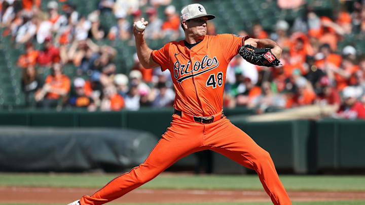 May 17, 2025; Baltimore, Maryland, USA; Baltimore Orioles pitcher Kyle Gibson (48) throws during the first inning against the Washington Nationals at Oriole Park at Camden Yards. Mandatory Credit: Daniel Kucin Jr.-Imagn Images