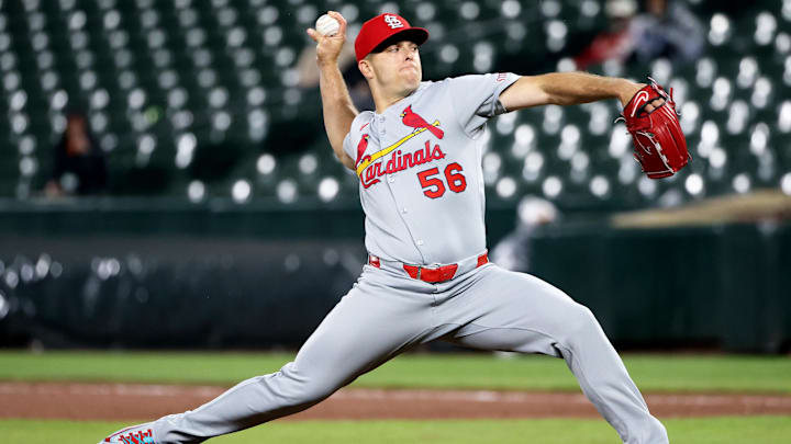 May 27, 2025; Baltimore, Maryland, USA; St. Louis Cardinals pitcher Ryan Helsley (56) throws during the ninth inning against the Baltimore Orioles at Oriole Park at Camden Yards. Mandatory Credit: Daniel Kucin Jr.-Imagn Images