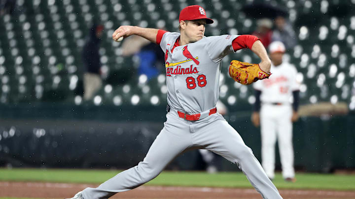 May 27, 2025; Baltimore, Maryland, USA; St. Louis Cardinals pitcher Phil Maton (88) throws during the eighth inning against the Baltimore Orioles at Oriole Park at Camden Yards. Mandatory Credit: Daniel Kucin Jr.-Imagn Images