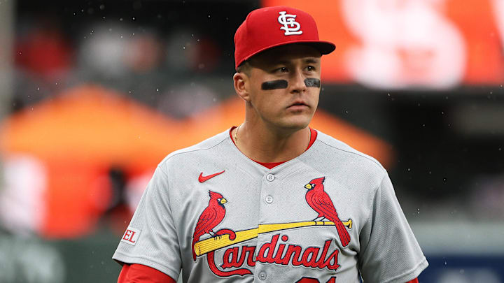 May 27, 2025; Baltimore, Maryland, USA; St. Louis Cardinals outfielder Lars Nootbaar (21) looks on before a game against the Baltimore Orioles at Oriole Park at Camden Yards. Mandatory Credit: Daniel Kucin Jr.-Imagn Images