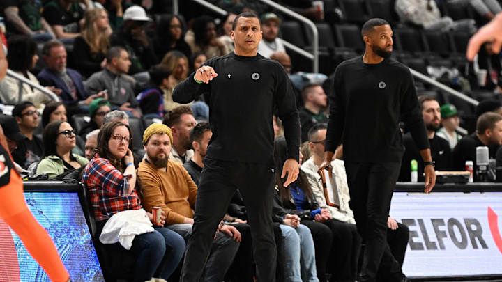 Mar 22, 2024; Detroit, Michigan, USA; Boston Celtics head coach Joe Mazulla on the sidelines in the second quarter of their game against the Detroit Pistons at Little Caesars Arena. Mandatory Credit: Lon Horwedel-Imagn Images
