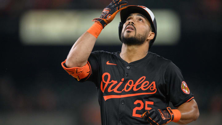 Jul 29, 2024; Baltimore, Maryland, USA; Baltimore Orioles outfielder Anthony Santander (25) reacts after hitting a single during the second inning against the Toronto Blue Jays at Oriole Park at Camden Yards.
