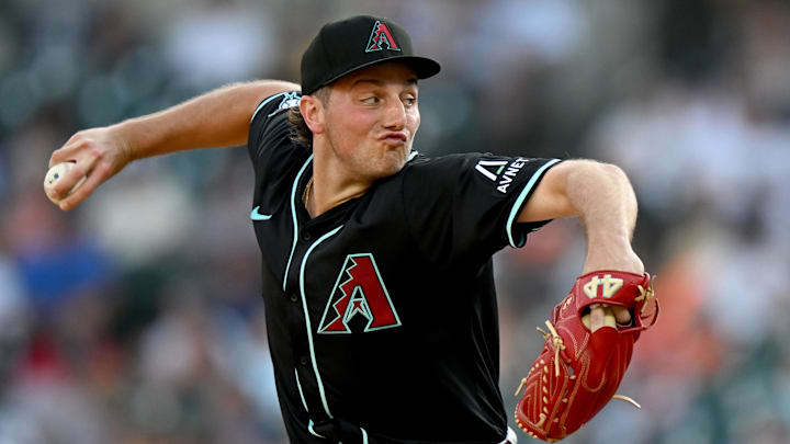 Jul 29, 2025; Detroit, Michigan, USA;  Arizona Diamondbacks starting pitcher Brandon Pfaadt (32) throws a pitch against the Detroit Tigers in the first inning at Comerica Park. Mandatory Credit: Lon Horwedel-Imagn Images