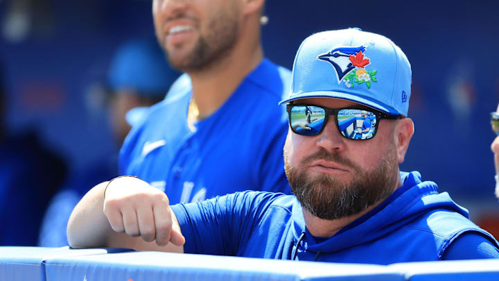 Mar 3, 2026; Dunedin, FL, USA; Toronto Blue Jays manager John Schneider (14) looks on against Team Canada at TD Ballpark. Mandatory Credit: Kim Klement Neitzel-Imagn Images