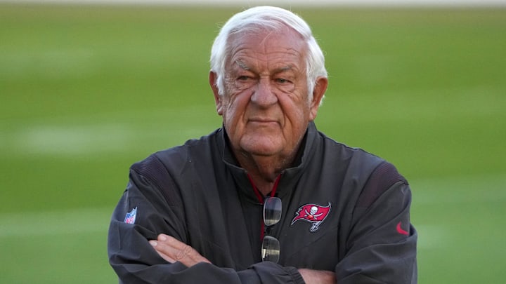 Nov 11, 2022; Munich, Germany; Tampa Bay Buccaneers assistant coach Tom Moore reacts during practice at the FC Bayern Campus. Mandatory Credit: Kirby Lee-Imagn Images