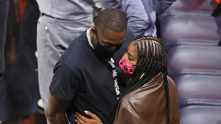 Jun 8, 2021; Salt Lake City, Utah, USA; Former NBA great and a member of the Utah Jazz ownership group Dwayne Wade and his wife Gabrielle Union have a moment on the sideline against the LA Clippers during game one in the second round of the 2021 NBA Playoffs. at Vivint Arena. Mandatory Credit: Jeffrey Swinger-Imagn Images Jun 8, 2021; Salt Lake City, Utah, USA; Former NBA great and a member of the Utah Jazz ownership group Dwayne Wade and his wife Gabrielle Union have a moment on the sideline against the LA Clippers during game one in the second round of the 2021 NBA Playoffs. at Vivint Arena. Mandatory Credit: Jeffrey Swinger-Imagn Images