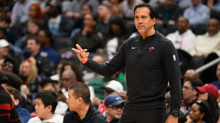 Mar 31, 2025; Washington, District of Columbia, USA; Miami Heat head coach Erik Spoelstra looks on during the second quarter against the Washington Wizards at Capital One Arena. Mandatory Credit: Reggie Hildred-Imagn Images