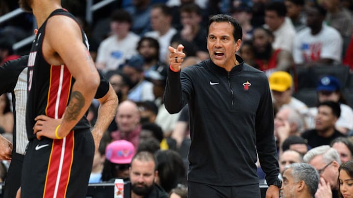 Mar 31, 2025; Washington, District of Columbia, USA; Miami Heat head coach Erik Spoelstra reacts during the third quarter against the Washington Wizards at Capital One Arena. Mandatory Credit: Reggie Hildred-Imagn Images Mar 31, 2025; Washington, District of Columbia, USA; Miami Heat head coach Erik Spoelstra reacts during the third quarter against the Washington Wizards at Capital One Arena. Mandatory Credit: Reggie Hildred-Imagn Images