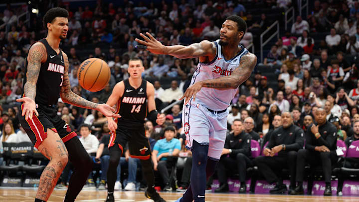 Mar 31, 2025; Washington, District of Columbia, USA; Washington Wizards guard Marcus Smart (36) makes a pass during the fourth quarter against the Miami Heat at Capital One Arena. Mandatory Credit: Reggie Hildred-Imagn Images Mar 31, 2025; Washington, District of Columbia, USA; Washington Wizards guard Marcus Smart (36) makes a pass during the fourth quarter against the Miami Heat at Capital One Arena. Mandatory Credit: Reggie Hildred-Imagn Images