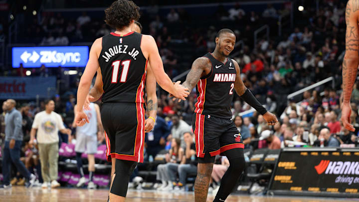 Mar 31, 2025; Washington, District of Columbia, USA; Miami Heat guard Terry Rozier (2) and guard Jaime Jaquez Jr. (11) celebrates during the fourth quarter against the Washington Wizards at Capital One Arena. Mandatory Credit: Reggie Hildred-Imagn Images Mar 31, 2025; Washington, District of Columbia, USA; Miami Heat guard Terry Rozier (2) and guard Jaime Jaquez Jr. (11) celebrates during the fourth quarter against the Washington Wizards at Capital One Arena. Mandatory Credit: Reggie Hildred-Imagn Images