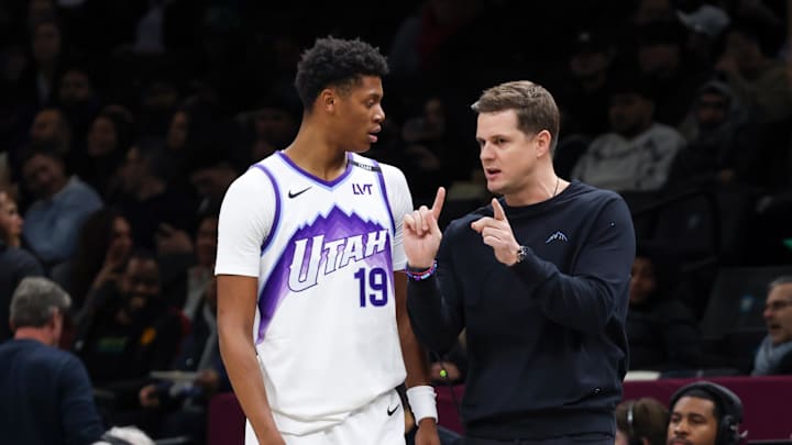 Dec 4, 2025; Brooklyn, New York, USA; Utah Jazz head coach Will Hardy talk with Utah Jazz guard Ace Bailey (19) against the Brooklyn Nets during the third quarter at Barclays Center. Mandatory Credit: Tom Horak-Imagn Images
