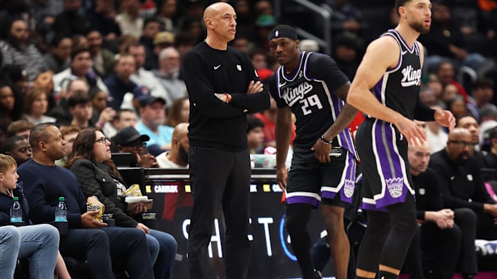 Feb 1, 2026; Washington, District of Columbia, USA; Sacramento Kings head coach Doug Christie looks on during the first half against the Washington Wizards at Capital One Arena. Mandatory Credit: Daniel Kucin Jr.-Imagn Images