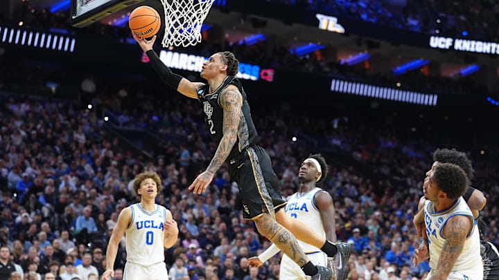 Mar 20, 2026; Philadelphia, PA, USA; UCF Knights guard Riley Kugel (2) shoots the ball against the UCLA Bruins in the second half during a first round game of the men's 2026 NCAA Tournament at Xfinity Mobile Arena. Mandatory Credit: Kyle Ross-Imagn Images Mar 20, 2026; Philadelphia, PA, USA; UCF Knights guard Riley Kugel (2) shoots the ball against the UCLA Bruins in the second half during a first round game of the men's 2026 NCAA Tournament at Xfinity Mobile Arena. Mandatory Credit: Kyle Ross-Imagn Images