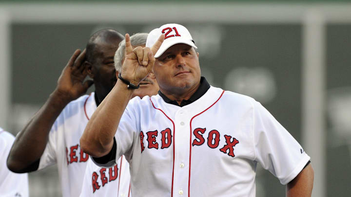 Former Boston Red Sox pitcher Roger Clemens acknowledges the fans during pre-game ceremonies prior to a game against the Seattle Mariners at Fenway Park in 2013. Former Boston Red Sox pitcher Roger Clemens acknowledges the fans during pre-game ceremonies prior to a game against the Seattle Mariners at Fenway Park in 2013.