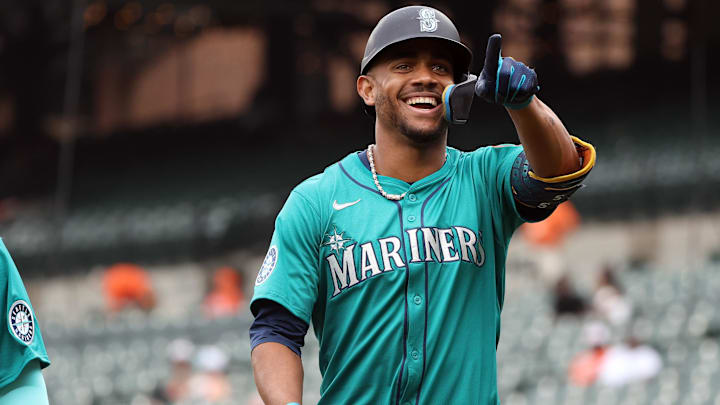 Aug 14, 2025; Baltimore, Maryland, USA; Seattle Mariners outfielder Julio Rodriguez (44) celebrates after hitting a home run during the sixth inning against the Baltimore Orioles at Oriole Park at Camden Yards. Mandatory Credit: Daniel Kucin Jr.-Imagn Images