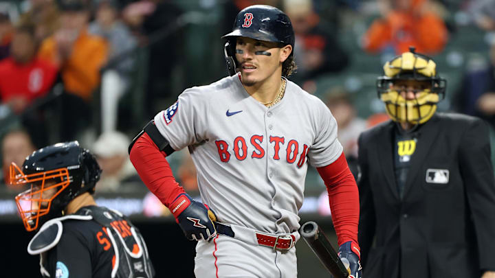 Apr 2, 2025; Baltimore, Maryland, USA; Boston Red Sox outfielder Jarren Duran (16) looks on during the first inning against the Baltimore Orioles at Oriole Park at Camden Yards. Mandatory Credit: Daniel Kucin Jr.-Imagn Images