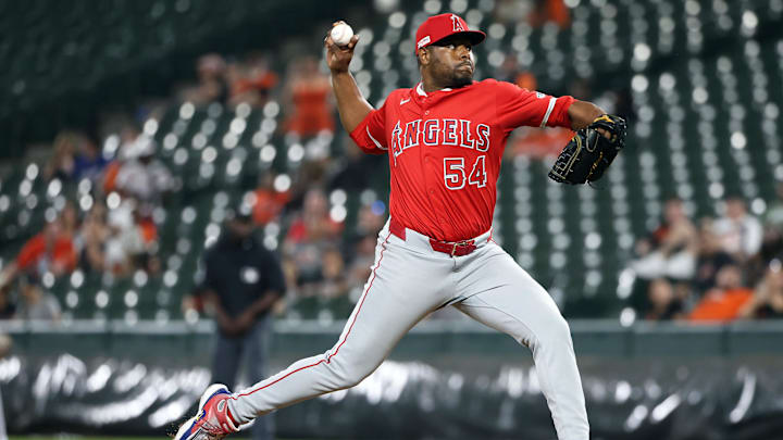 Jun 13, 2025; Baltimore, Maryland, USA; Los Angeles Angels pitcher Hector Neris (54) throws during the eighth inning against the Baltimore Orioles at Oriole Park at Camden Yards. Mandatory Credit: Daniel Kucin Jr.-Imagn Images