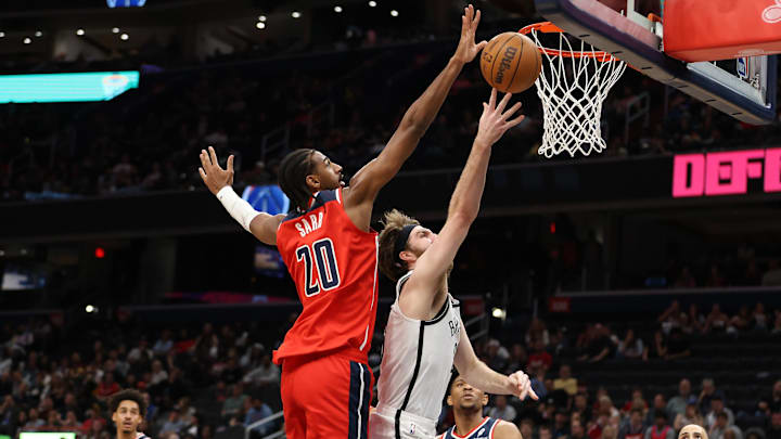 Mar 29, 2025; Washington, District of Columbia, USA; Brooklyn Nets forward Drew Timme (26) takes a shot over Washington Wizards forward Alex Sarr (20) during the first half at Capital One Arena. Mandatory Credit: Daniel Kucin Jr.-Imagn Images Mar 29, 2025; Washington, District of Columbia, USA; Brooklyn Nets forward Drew Timme (26) takes a shot over Washington Wizards forward Alex Sarr (20) during the first half at Capital One Arena. Mandatory Credit: Daniel Kucin Jr.-Imagn Images