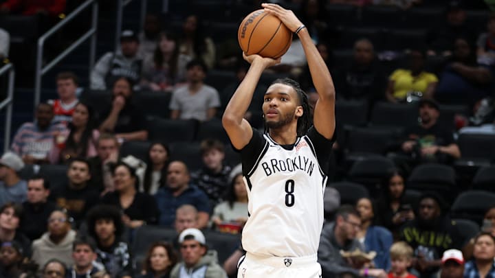Brooklyn Nets forward Ziaire Williams (8) takes a shot during the first half against the Washington Wizards