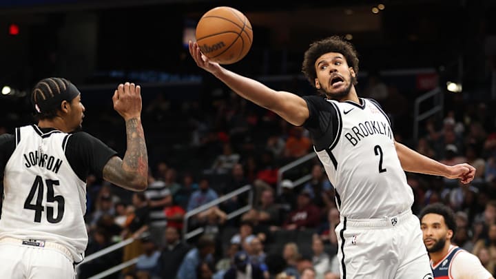 Mar 29, 2025; Washington, District of Columbia, USA; Brooklyn Nets forward Cameron Johnson (2) grabs a rebound during the second half against the Washington Wizards at Capital One Arena. Mandatory Credit: Daniel Kucin Jr.-Imagn Images Mar 29, 2025; Washington, District of Columbia, USA; Brooklyn Nets forward Cameron Johnson (2) grabs a rebound during the second half against the Washington Wizards at Capital One Arena. Mandatory Credit: Daniel Kucin Jr.-Imagn Images